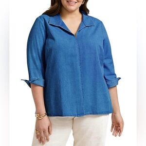 Foxcroft Plus Size Denim Agnes Tencel Cotton Wing Collar 3/4 Sleeve Top Tunic 1X